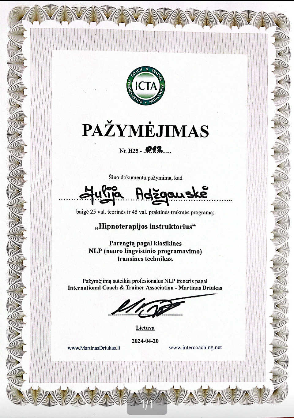 Julija Adžgauskė pažymėjimas hipnoterapija Upeta.lt